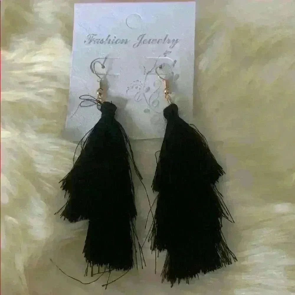 Black yarn chandelier earrings